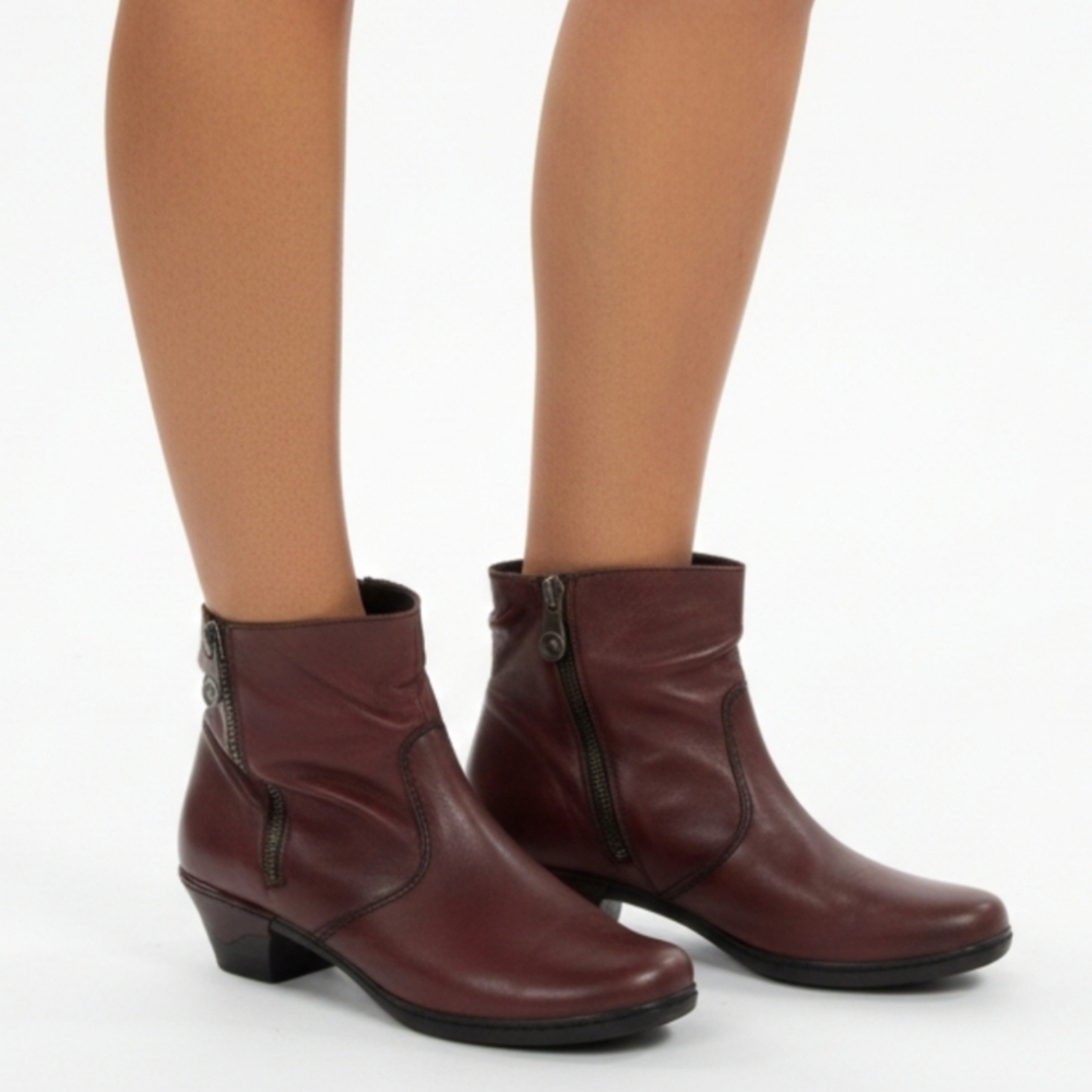 Rieker Leather Slouch Booties Burgundy Red Short Heel Women's 39 Zip Down Biker